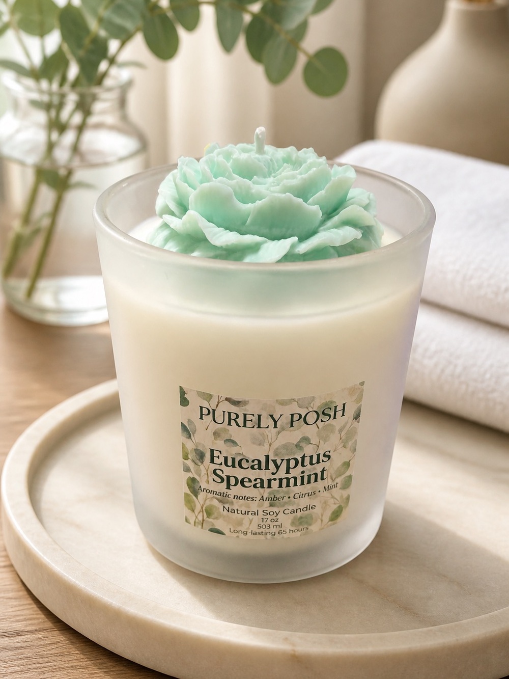 Premium Eucalyptus Spearmint Soy Candle - Mint Green Floral Top 10 oz